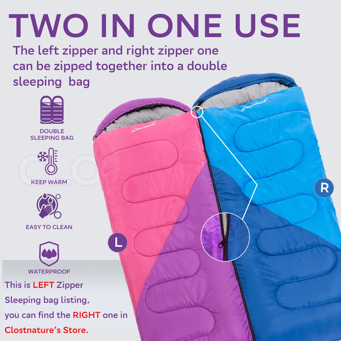 Clostnature Sleeping Bag for Adults and Kids - Compact Lightweight Sleeping Bag(Left zipper)
