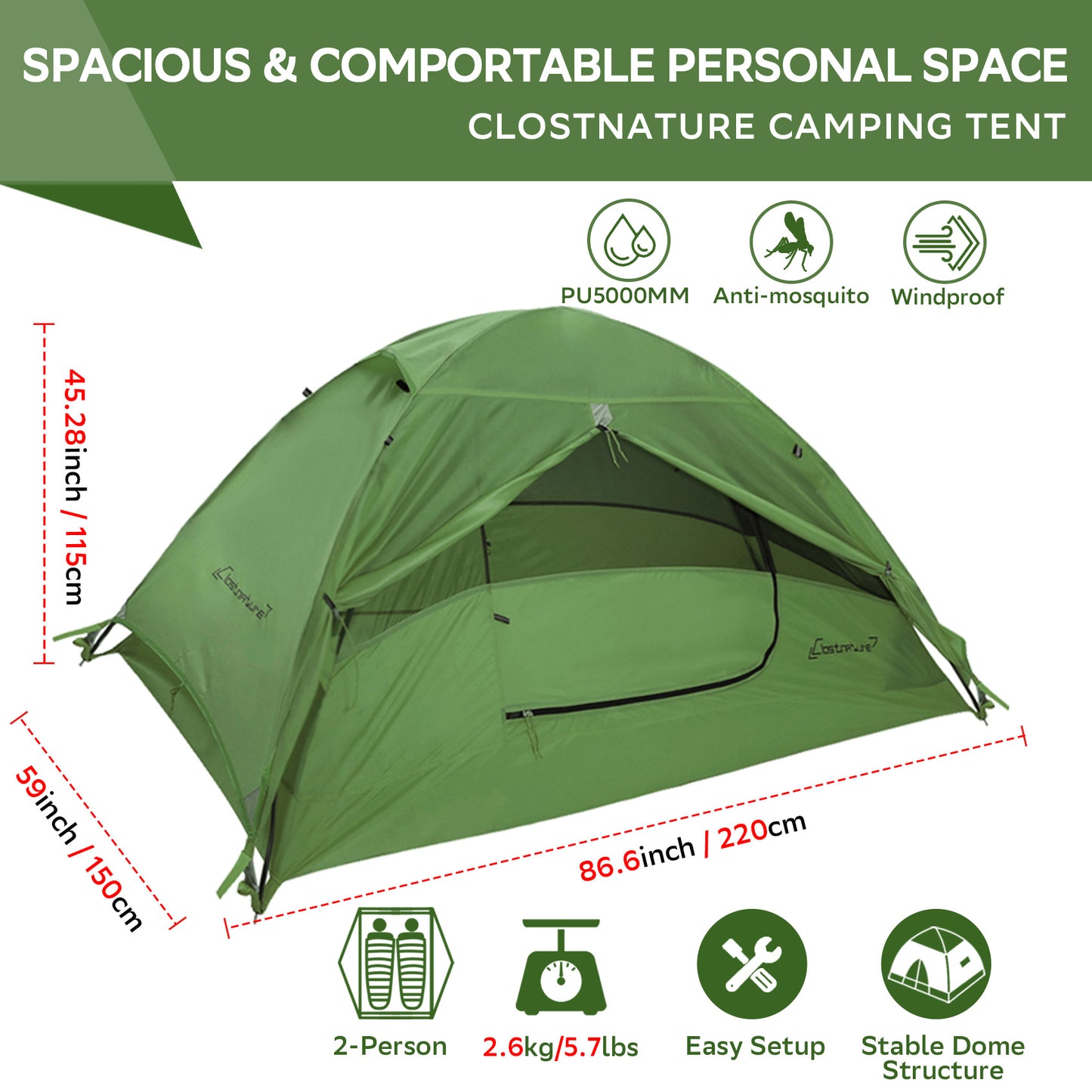 Clostnature 2-Man Tent for Backpacking, 2 Person Waterproof Camping Dome Tents