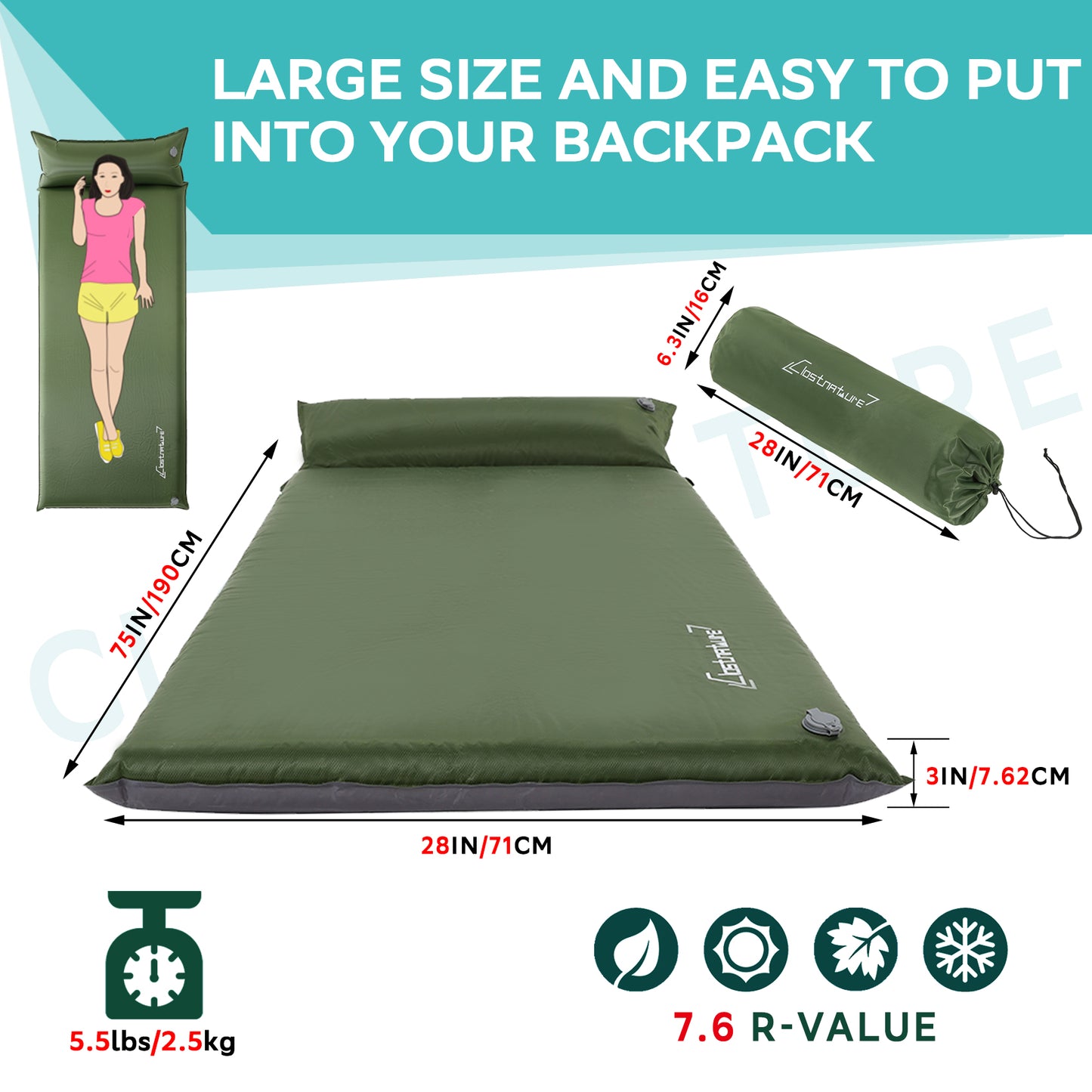 Clostnature Self Inflating Camping Mat - 3 inch/7.6 cm Camping Pad, Lightweight Inflatable Sleeping Mat