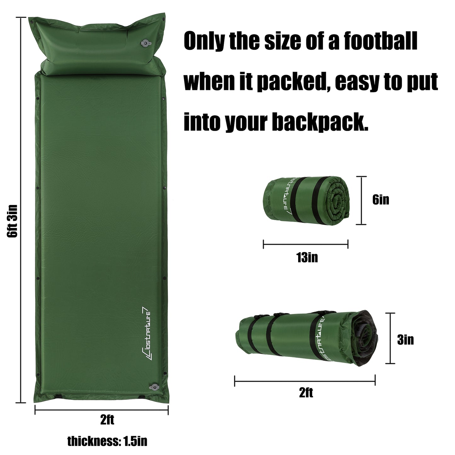 Clostnature Self Inflating Sleeping Pad for Camping - 1.5 inch/3.8cm Camping Pad, Lightweight Inflatable Sleeping Mat, Green
