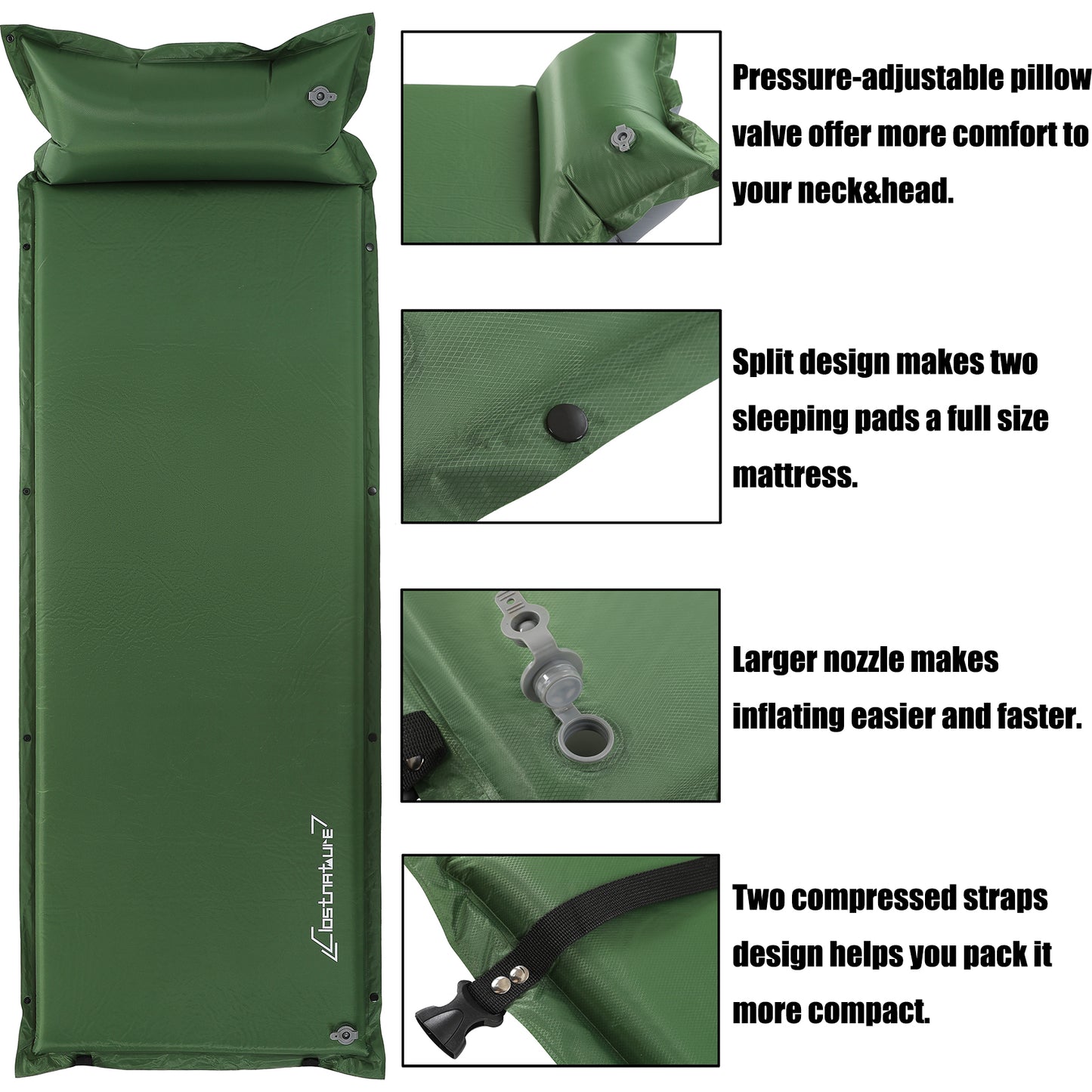 Clostnature Self Inflating Sleeping Pad for Camping - 1.5 inch/3.8cm Camping Pad, Lightweight Inflatable Sleeping Mat, Green