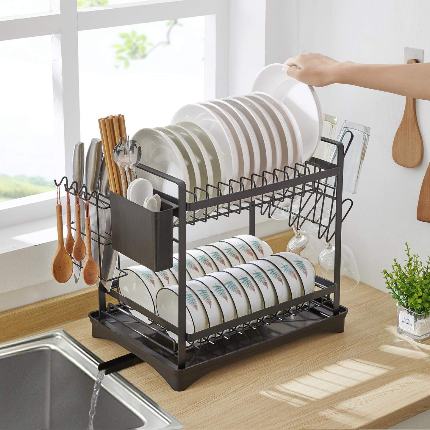 Kroyicegears 2 Tier Dish Drying Rack - Stainless Steel Dish Racks for Kitchen Counter with Drainboard and Cutlery Holder, Large, Black