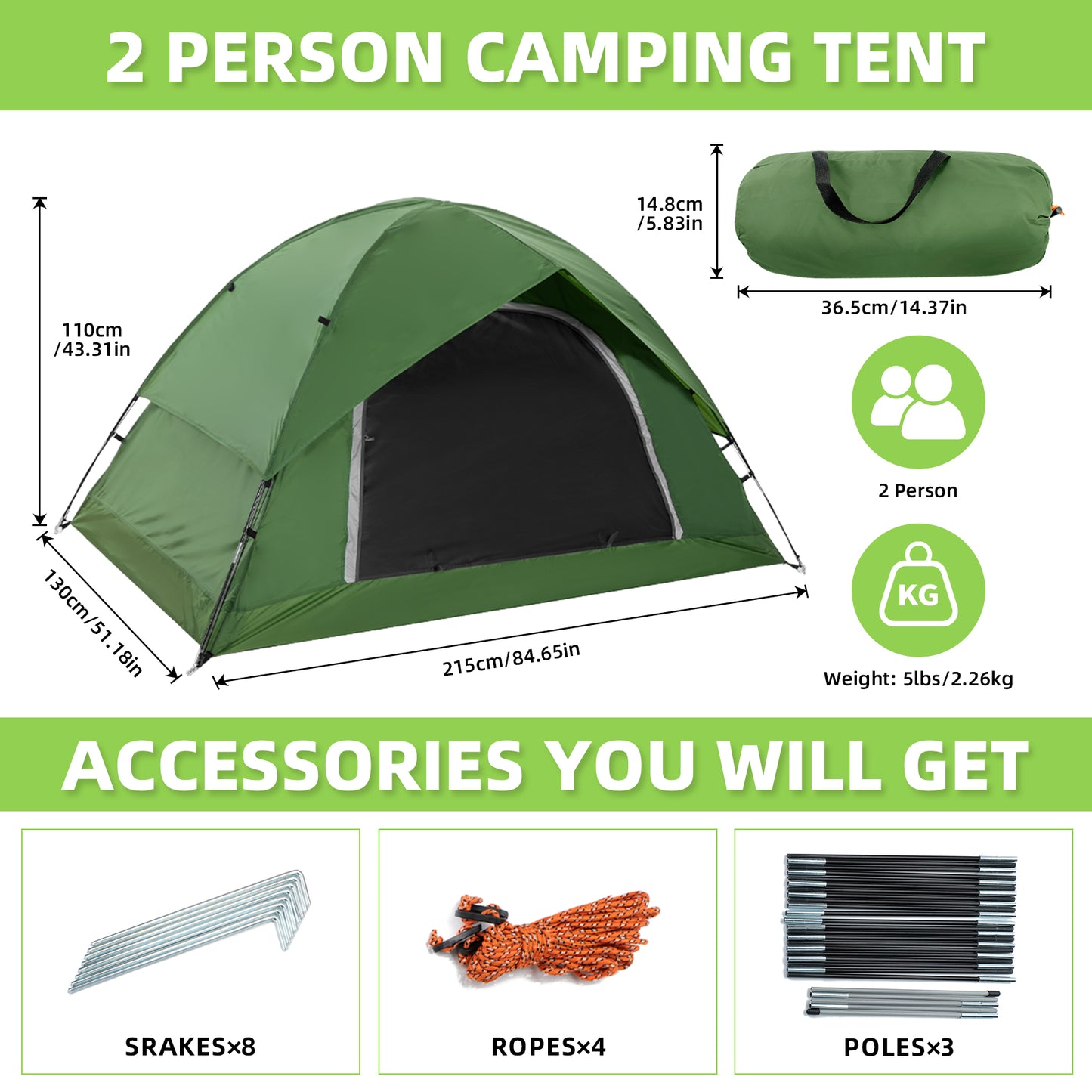 Kroyicegears Camping Tent for 2 Person-Green, 7.1'×4.3'×3.6', 4.99lbs, Two Man Easy Set-up Dome Tent
