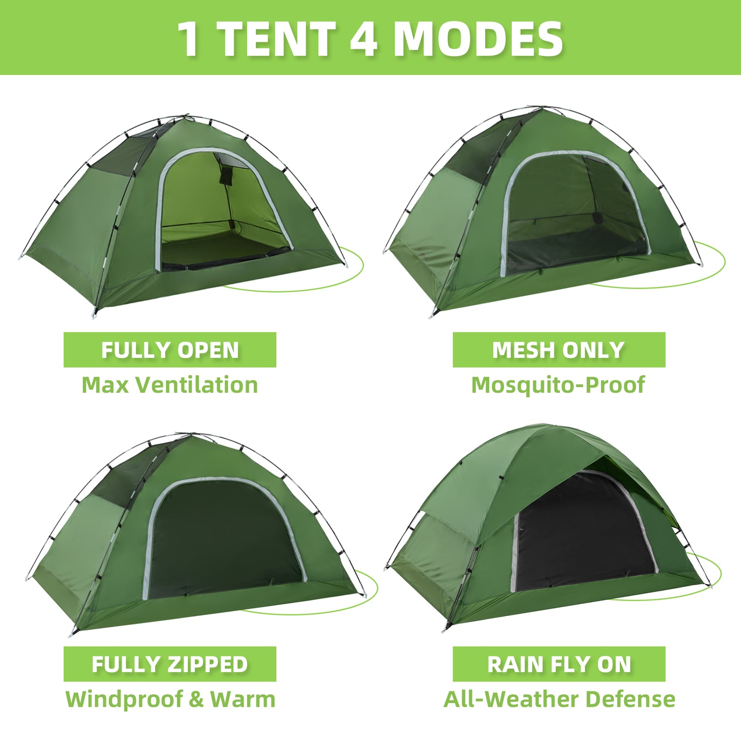 Kroyicegears Camping Tent for 2 Person-Green, 7.1'×4.3'×3.6', 4.99lbs, Two Man Easy Set-up Dome Tent