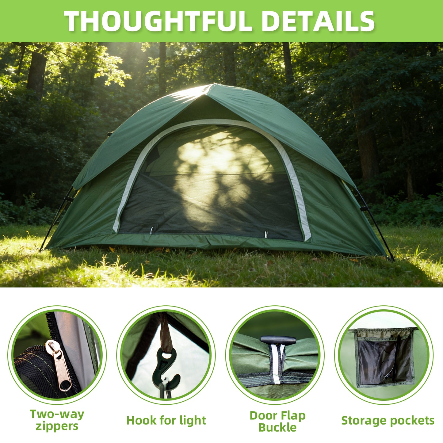 Kroyicegears Camping Tent for 2 Person-Green, 7.1'×4.3'×3.6', 4.99lbs, Two Man Easy Set-up Dome Tent