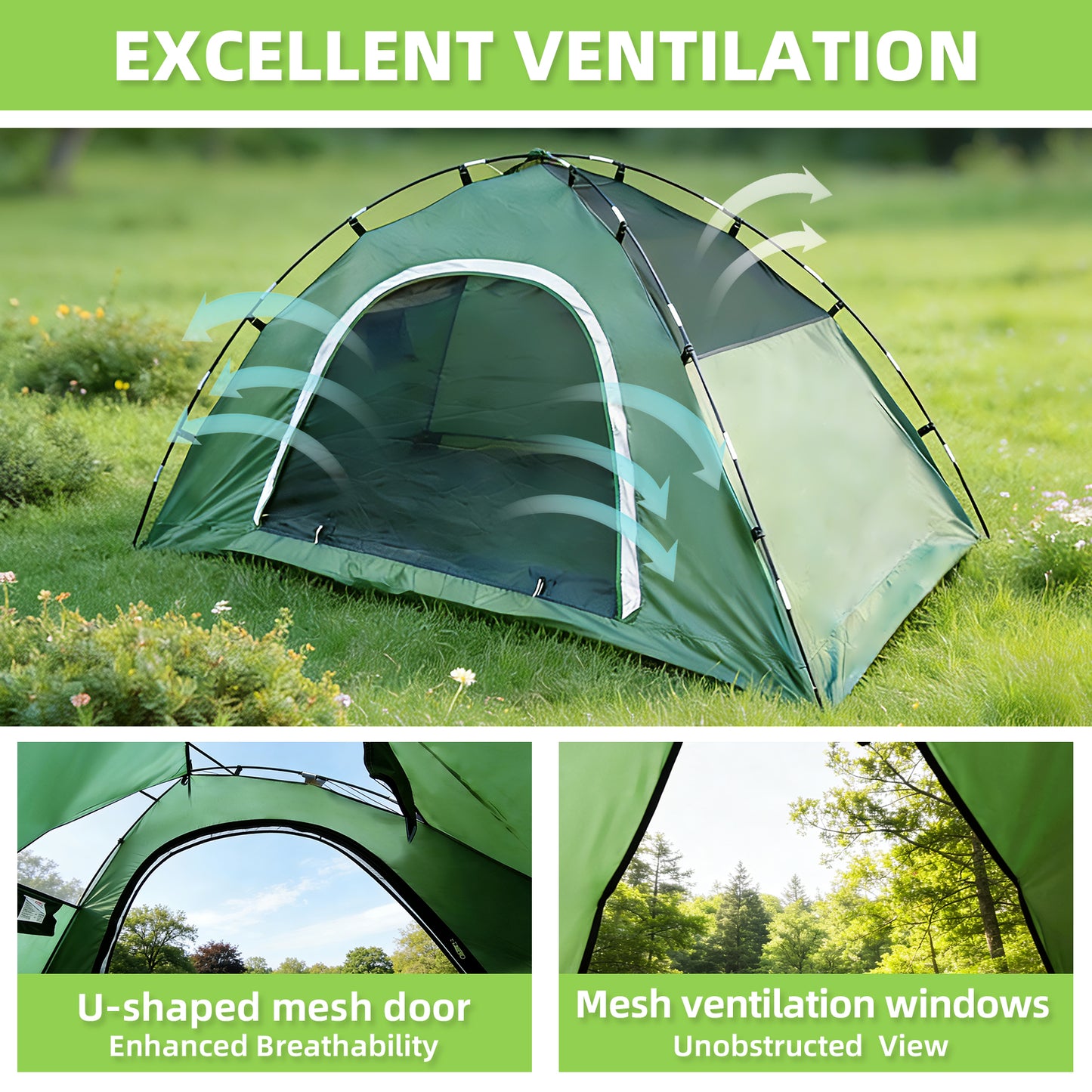 Kroyicegears Camping Tent for 2 Person-Green, 7.1'×4.3'×3.6', 4.99lbs, Two Man Easy Set-up Dome Tent