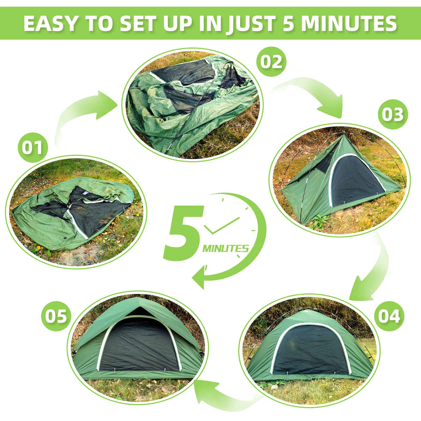 Kroyicegears Camping Tent for 2 Person-Green, 7.1'×4.3'×3.6', 4.99lbs, Two Man Easy Set-up Dome Tent