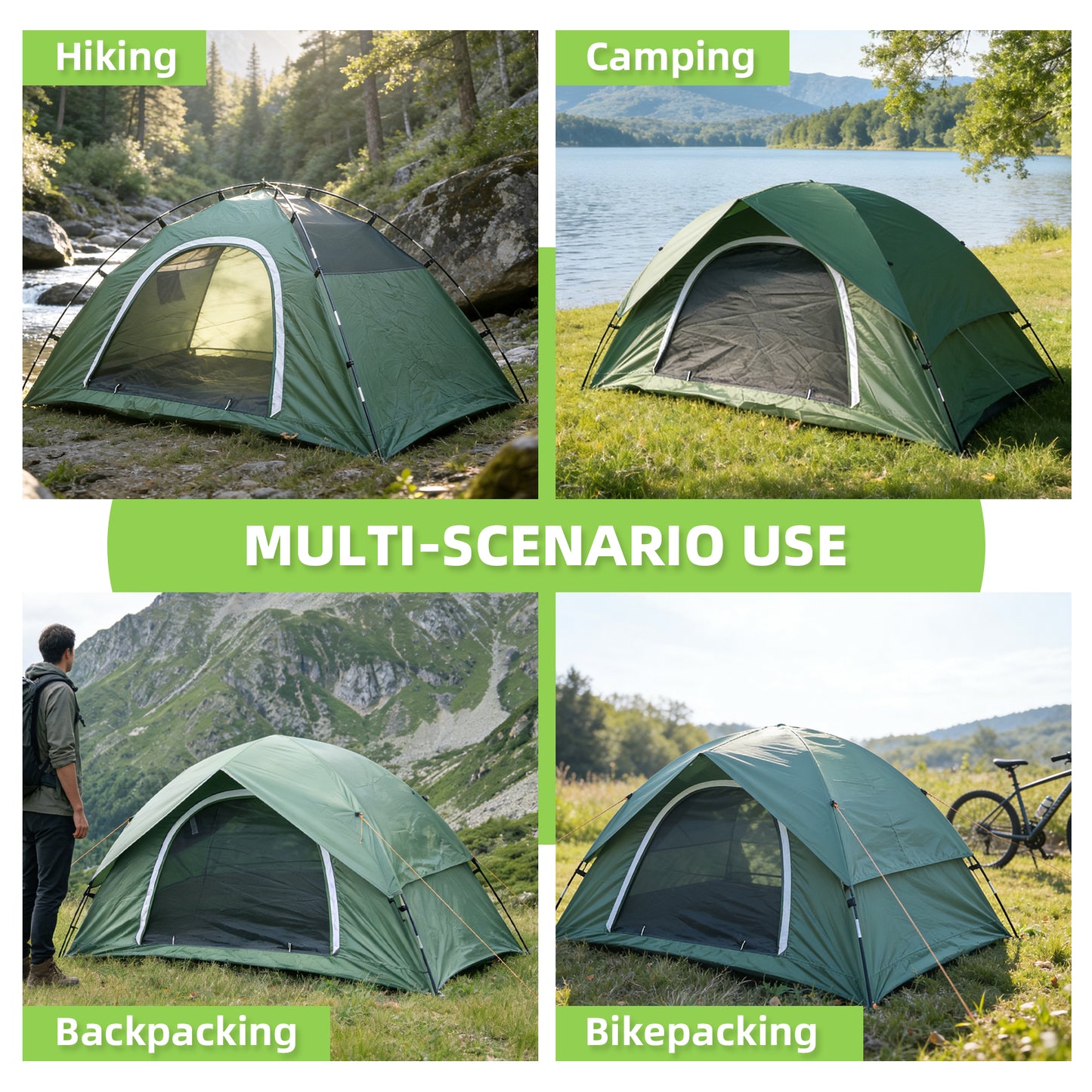 Kroyicegears Camping Tent for 2 Person-Green, 7.1'×4.3'×3.6', 4.99lbs, Two Man Easy Set-up Dome Tent