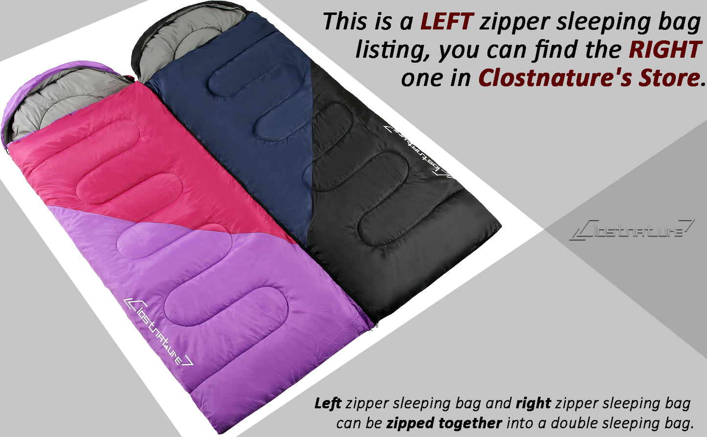 Clostnature Sleeping Bag for Adults and Kids - Compact Lightweight Sleeping Bag（Left zipper）