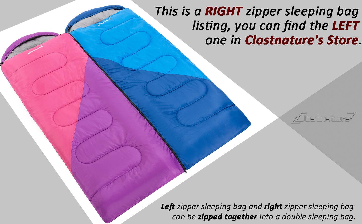 Clostnature Sleeping Bag for Adults and Kids - Compact Lightweight Sleeping Bag（Right zipper）